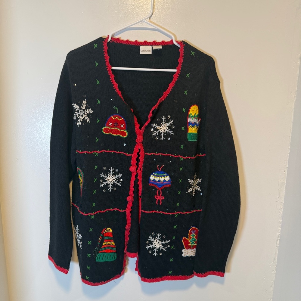 Cherokee vintage beaded Christmas sweater long sleeve cardigan women's size XL